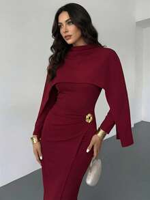 Firerie 女士优雅精致时尚通勤户外时尚金属扣环裹身高腰酒红色长袖连衣裙 - 酒紅色 - 查看 6