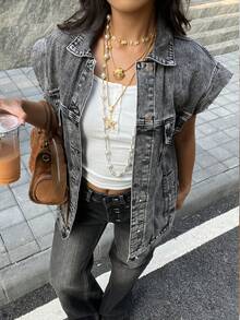 SHEIN PETITE Women's Single-Breasted Loose Casual Denim Jacket With Dolman Sleeves - Black - View 9