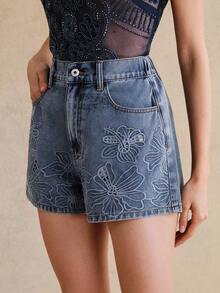 Anewsta Women's High Waist Loose Straight Leg Embroidered Denim Shorts, Summer - Blue - View 4