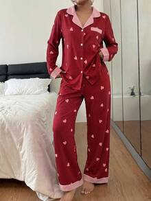 SHEIN 撞色领泡泡褶皱爱心条纹长袖长裤女士睡衣套装 - 紅色 - 查看 5
