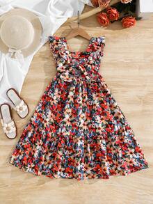 SHEIN Young Girl Ditsy Floral Ruffle Collar Casual Dress - Multicolor - View 2