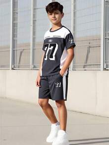 Vacaura 两件套休闲街头风撞色设计T恤短裤套装，适合青少年男孩，简约时尚，适合日常、通勤、休闲穿着。 - 深灰色 - 查看 1