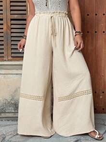 Ceyna Plus Size Casual Comfortable Contrast Lace Hollow Out Wide Leg Pants - White - View 1