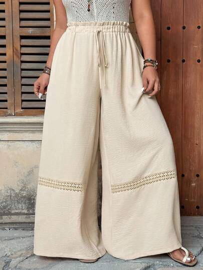 Ceyna Plus Size Casual Comfortable Contrast Lace Hollow Out Wide Leg Pants