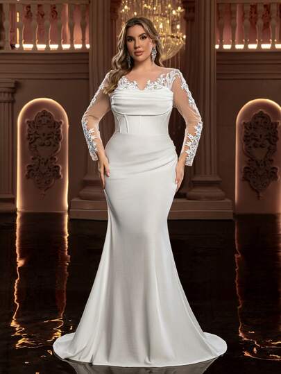 Glamrae Plus Size Elegant Luxurious Beige Sheer Long Sleeve Dress With Crystal Pearl Embroidered Lace, Mesh Patchwork, Elastic Satin, Fishtail Hem And Detachable Train, Suitable For Weddings, Parties, Honeymoons, Bridal