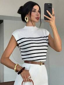 Firerie Women's Elegant Casual High Neck Loose Casual Versatile Sleeveless Striped Knit Tank Top, Suitable For Carnival,Party, Outings,Summer Outfits,Spring Outfit, Autumn/Winter/Spring/Summer Campus Wear,Daily - Black and White - View 8