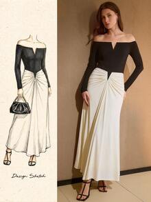 MOTF PREMIUM VESTIDO DE MUJER ELEGANTE CON HOMBROS DESCUBIERTOS Y CORTE SESGADO FRUNCIDO - Multicolor - Ver 2