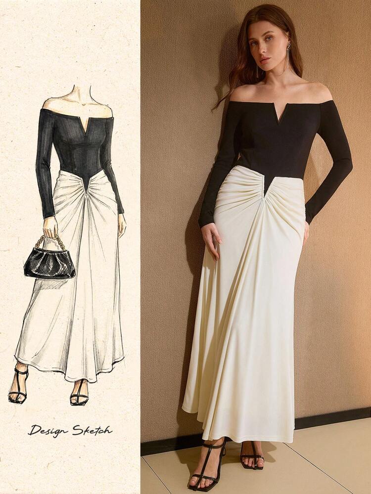 WOMEN'S ELEGANT OFF SHOULDER RUCHED BIAS CUT DRESS