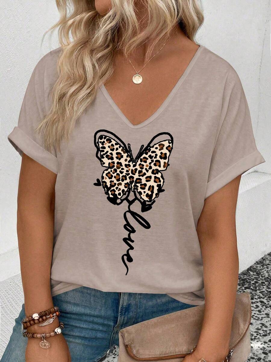 EMERY ROSE New Plus Size Women Fashion Leopard Print Bow V-Neck Short Sleeve Top T-Shirt - Khaki - View 1