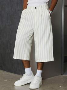 PAVTROS Quần lửng ống rộng kẻ sọc vàng trắng dành cho nam, thích hợp cho các hoạt động cuối tuần, lễ hội âm nhạc, tiệc tùng và mặc hàng ngày, ngày Valentine, thể hiện tình yêu với bạn trai, phong cách vintage, lễ hội. Quần ống rộng nam, quần short phối cùng quần dài, quần short kẻ sọc nam, quần short rộng nam, bộ đồ mùa hè cho nam. - Màu vàng - Xem 3