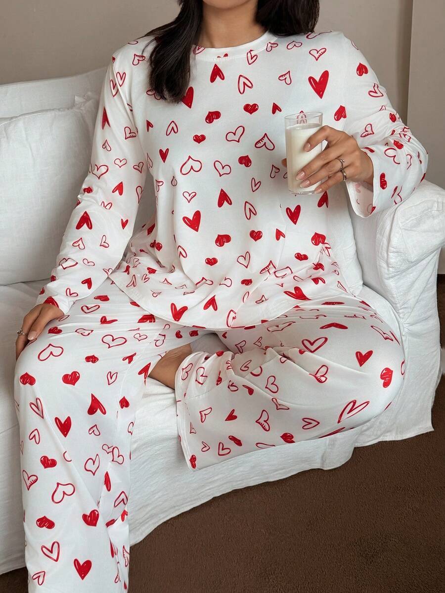 Plus Size Heart Print Crew Neck Long Sleeve Pajama Set, Valentine's Day Print Sleepwear Curve Pajamas Set Women Pjs Set Pajama Sets For Women Long Sleeve Heart Pajama Set Comfy Pajamas Set - Multicolor - View 1