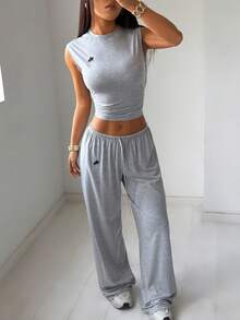 SHEIN EZwear 女士灰色刺绣针织休闲套装 - 淺灰色 - 查看 4