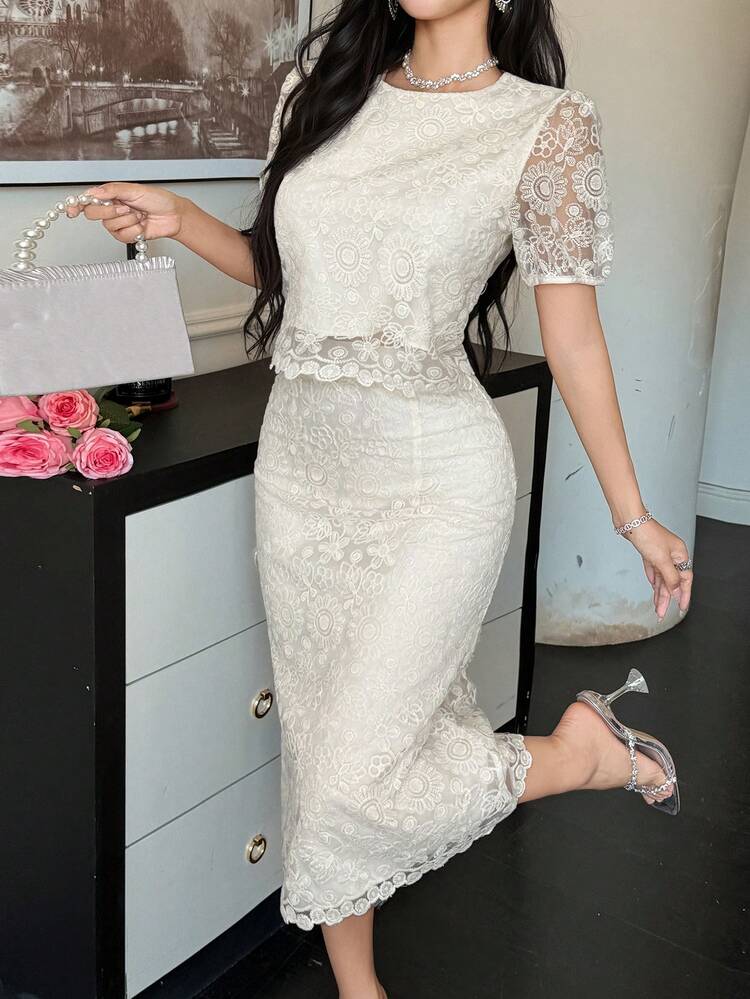 French Lace Elegant High-End Cinched Waist Maxi Dress Women's Set