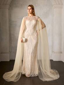 MOTF PREMIUM ELEGANT ULTRA-LONG TULLE SLEEVE ROUND NECK FLOOR-LENGTH MERMAID EVENING GOWN – SHEER FRONT & BACK DESIGN DRESS WITH SPARKLY BEADED FABRIC ACCENTS, FITTED SILHOUETTE FOR WEDDINGS, GALAS & SPECIAL OCCASIONS FOR WOMEN - Champagne - View 2