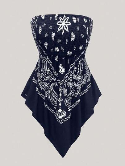 SHEIN Holidaya Top tipo camisola con estampado de flores de marañón retro para mujer de talla grande, blusa floral suelta con diseño de hombros descubiertos, cintura ceñida, bajo asimétrico y tirantes cruzados en la espalda, ideal para chicas curvilíneas, diseño fresco y dulce para usar como prenda exterior o en capas