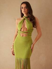 Silquee 女士纯色流苏下摆镂空连衣裙 - 綠色 - 查看 4