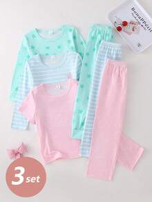 6pcs/Set Girls Minimalist Star Heart Striped All-Over Print Round Neck Short Sleeve & Long Sleeve Top And Pants Soft Pajamas Homewear Set - Multicolor - View 6