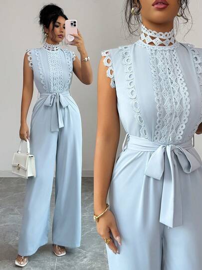Rafferiza Elegant Solid Color Hollow Lace Sleeveless Jumpsuit With Waist Cinching