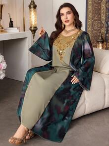 Al Najma Vestido feminino plus size elegante com gola de miçangas, mangas compridas e estampa, ideal para ocasiões formais. - Multicolorido - Ver 6