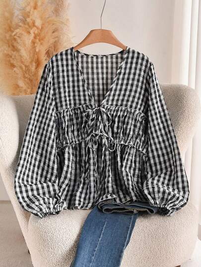 CosyJoli 大码女式春秋季休闲度假风印花灯笼袖系带衬衫