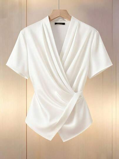 Franclia Women's White Twist Knot Back Tie V-Neck Short Sleeve Casual Blouse, Suitable For Daily Wear, Commuting