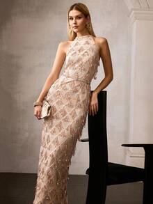 MOTF Soiréza WOMEN'S SEQUIN FRINGE SPLIT HEM DRESS, OCCASION WEAR - Khaki - View 5