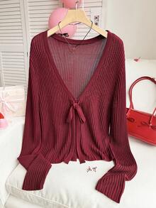 Comfortcana Áo khoác cardigan dệt kim gân màu trơn tối giản cỡ lớn, buộc dây phía trước - Màu Đỏ Sâu - Xem 11