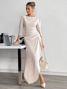 Siren Gaze Women's Elegant Asymmetrical Slit Ruffle Hem Dress, Casual Long Dress Spring - Apricot - View 4