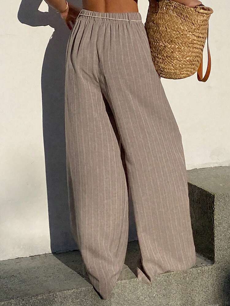 Women's Striped Print Knotted Casual Loose Pants, Suitable For Vacation