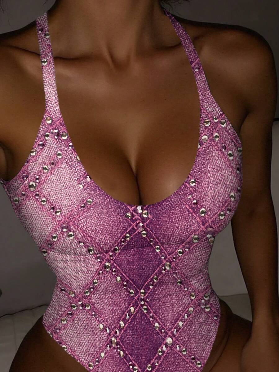 Rovax 女士时尚菱形印花无袖连体衣，夏季 - 彩色 - 查看 1