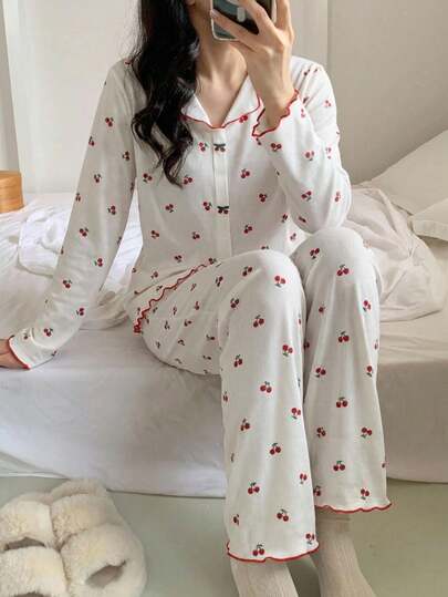 女童樱桃印花长袖睡衣套装，3D樱桃装饰甜美可爱两件套家居服