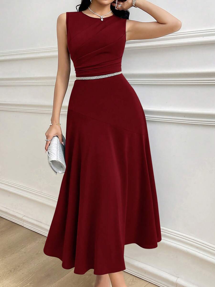 Modelyn Women's Solid Color Round Neck Pleated Sleeveless Elegant Dress - Burgundy - View 1