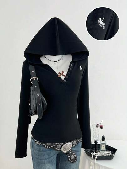 SHEIN Unity Women's Black Knit Ribbed Fabric Embroidered Crew Neck Henley Collar Half-Placket Button Slim Fit Long Sleeve Hoodie T-Shirt, Casual, Versatile For Autumn/Wintendy, Simple, Suitable For Daily Wear, Outdoor, Sports, Retro, Academic, Commute