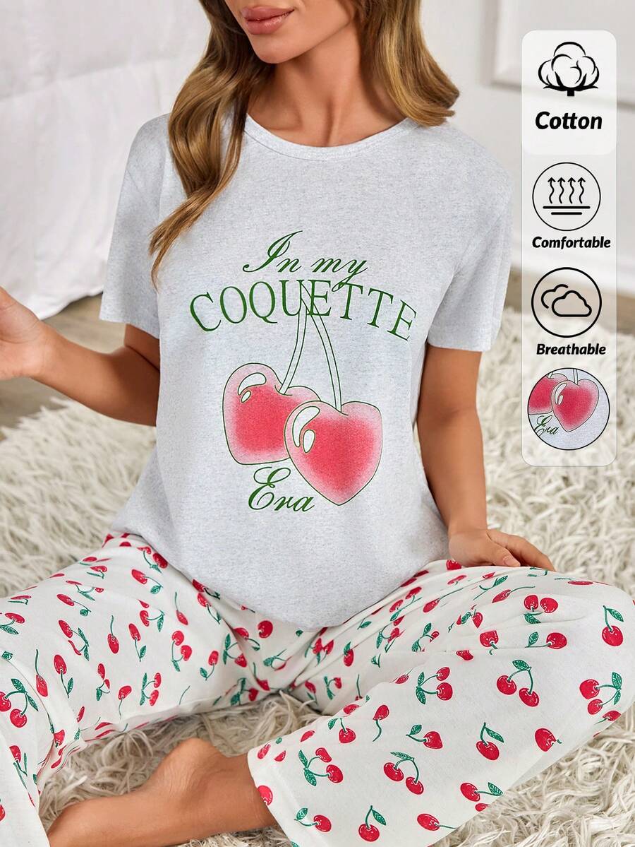 EURMUSE Cotton Line 女士樱桃印花舒适两件套睡衣套装，短袖和长裤 - 彩色 - 查看 1