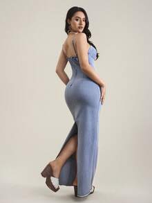 SHEIN Tall 女士修身鱼尾下摆优雅吊带牛仔连衣裙 - 淺色水洗藍 - 查看 2