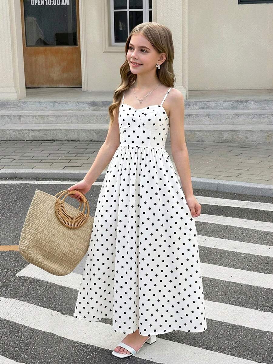 SHEIN 少女碎花无袖中长连衣裙，浅粉色 - 黑與白 - 查看 1