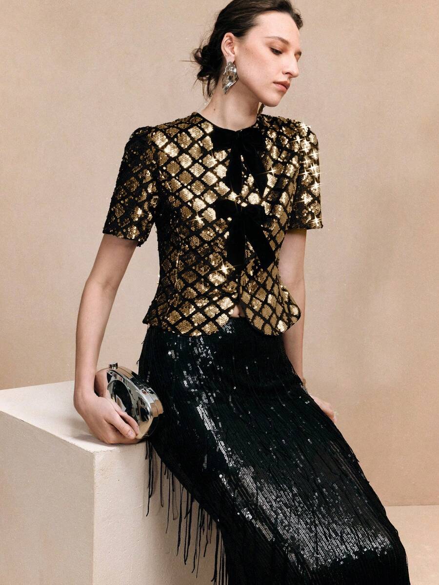 Arave 女士天鹅绒亮片褶皱腰部泡泡袖蝴蝶结设计优雅上衣，适合约会 - 金色 - 查看 1