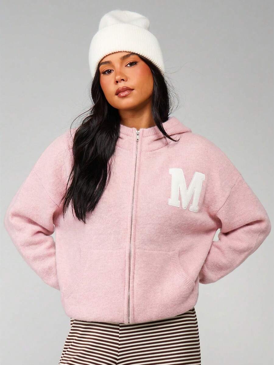 MISSGUIDED Knitted Zip Through Varsity Hoodie With Letter M Logo Applique Casual Winter Sweater For Women - Pink - View 1