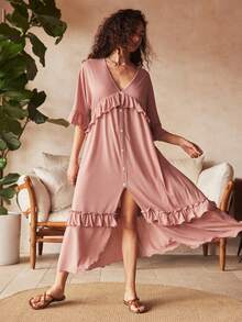 Lullawish 波西米亚风休闲优雅荷叶边长裙，法式时尚长裙，适合睡衣、度假、休闲穿着，秋季女士长款睡袍 - 藕粉色 - 查看 1