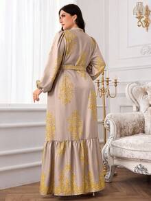 Modelyn Plus Size Mandarin Collar Lantern Sleeve Ruffle Trim Button Front Dress - Khaki - View 2