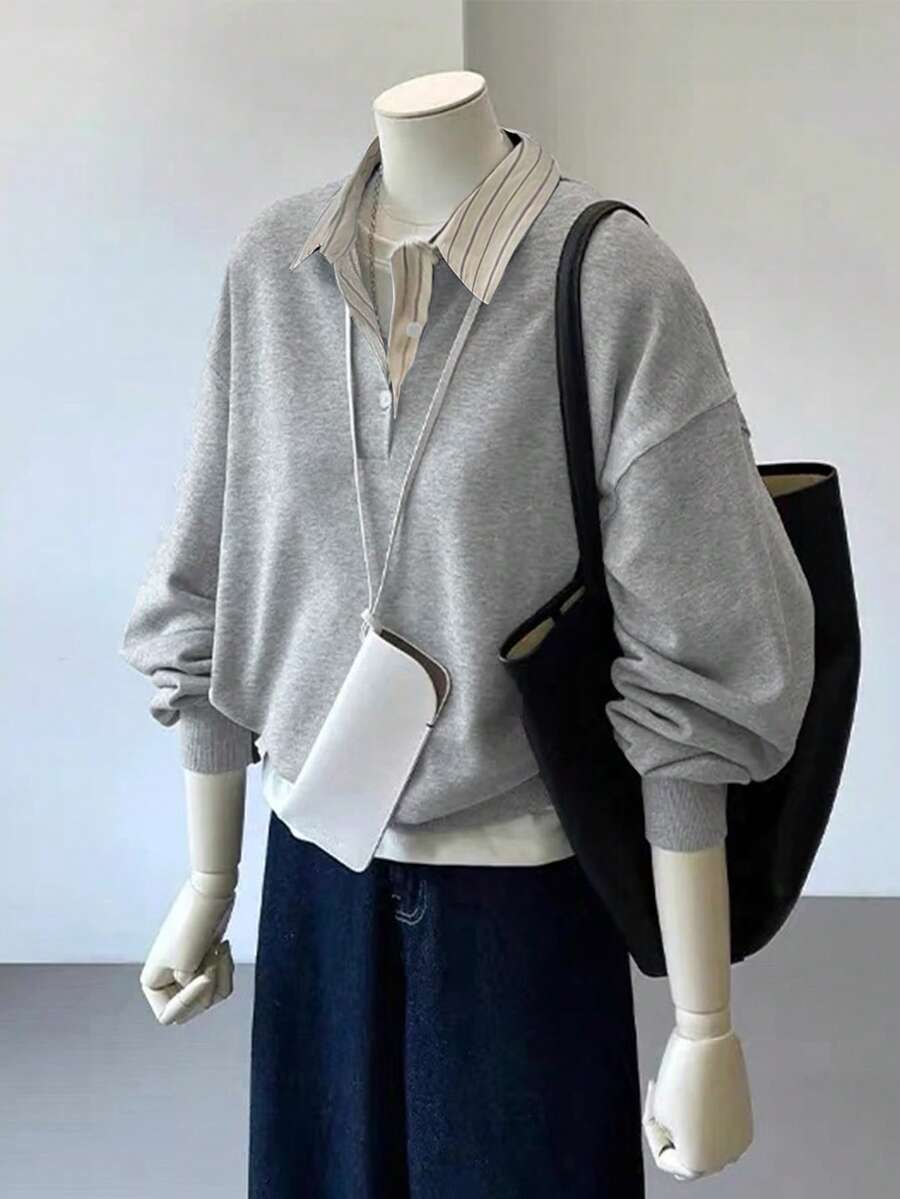 INAWLY Plus Size Women Casual Everyday/Work Commute Colorblock Striped Lapel Drop Shoulder Loose Pullover Sweatshirt, Spring/Autumn - Grey - View 1