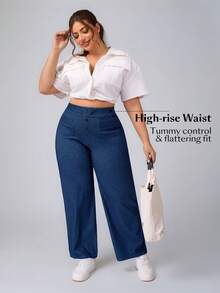 SHEIN Unity Plus Size Solid Color Stretchy Casual Straight Leg Jeans - Medium Wash - View 3