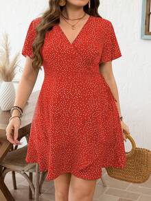 SHEIN Clasi 时尚休闲度假复古V领荷叶边裹身裙 - 紅色 - 查看 3