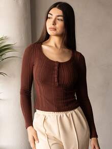 Andrea Bello Women's Casual Knit All-Match Basic Crew Neck Half Button Ribbed Knit Long Sleeve Tee Fit T-Shirt Back To School T-Shirt Teacher T-Shirt Teacher Clothes Fall Women Tops Fall Women Clothes,Brown Top Coffee Brown Top Brown Long Sleeve Top Dark Brown Top Chocolate Brown Top Winter - Coffee Brown - View 1