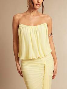 Silquee Elegant Pale Yellow Summer Vacation Dress,Strapless Pleated Side-Slit Loose-Fitting Mesh Gown,Sophisticated Abaya For Women Wedding Social Events - Yellow - View 1