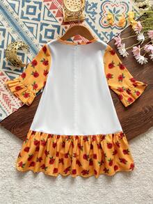 SHEIN 女童印花撞色短袖拉链露背喇叭连衣裙，夏季 - 彩色 - 查看 2