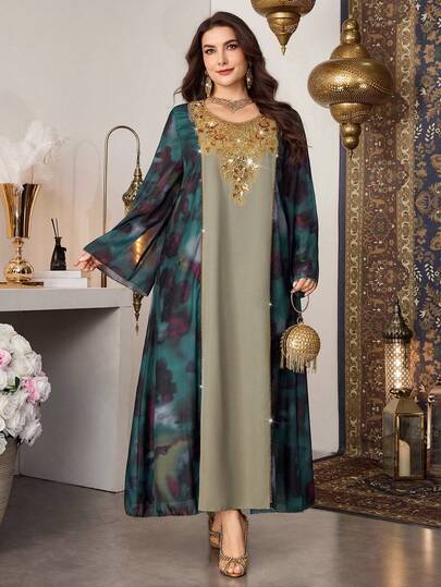 Al Najma Plus Size Women's Elegant Beaded Collar Long Sleeve Printed Dress, Suitable For Formal Occasions