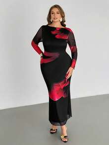 Auralis 大码女装春秋时尚优雅弹力舒适派对连衣裙，红色大碎花印花，黑色修身长裙，紧身款式，曲线身材，优雅时尚连衣裙，女士碎花连衣裙，情人节连衣裙，春季服装 - 黑色 - 查看 6