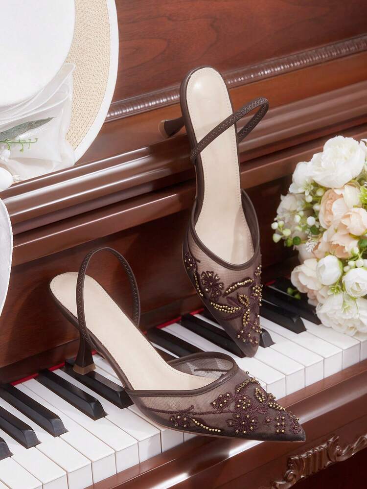 CUCCOO HITCHD Women's New Embroidered Lace Pointed Toe Elegant Champagne Mesh High Heels, Bridal Shoes For Romantic Date, Wedding, Banquet Valentine's Day Elegant Shoes Wedding Shoes Summer Shoes Bride Shoes