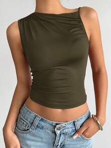 Aloruh 女士性感优雅圆领褶皱酒红色露脐无袖上衣 - 軍綠色 - 查看 4